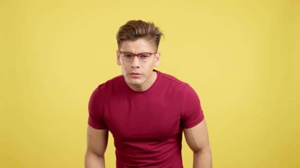 Strong Man Taking Her Eyeglasses See Ahead Studio Yellow Background — Stock Video