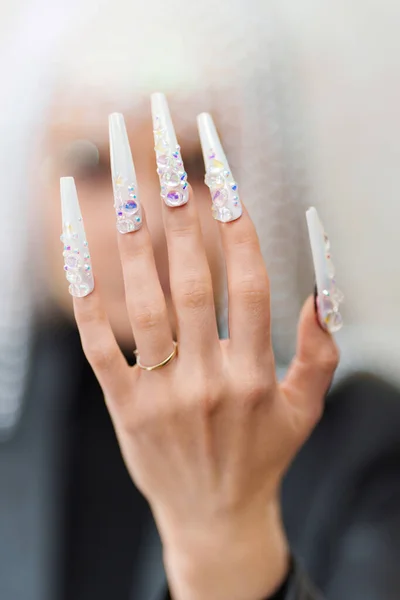 Vertical Photo Hand Woman White Long Fake Nails — Stock Photo, Image