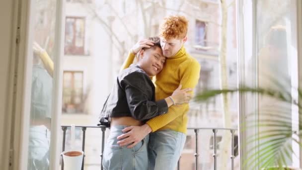Slow Motion Video Multiethnic Gay Couple Standing Embracing Balcony Home — Stock Video