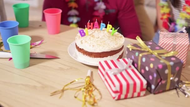 Slow Motion Video Approaching Hands People Putting Candles Birthday Cake — Stock Video