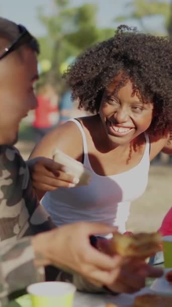 Groep Van Mutiethnische Vrienden Lachen Tijdens Een Picknick Een Park — Stockvideo