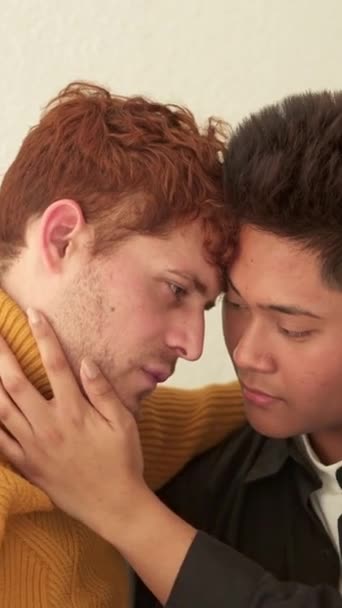 Медленное Видео Многонациональная Гей Пара Собирается Поцеловаться Сидя Диване — стоковое видео