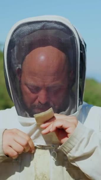 Smiling Beekeeper Removing His Protective Helmet Apiary Sunny Day — Stock Video
