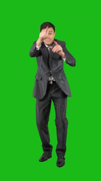 Full Body Male Formal Suit Pointing Looking Camera Isolated Chroma — Stock Video