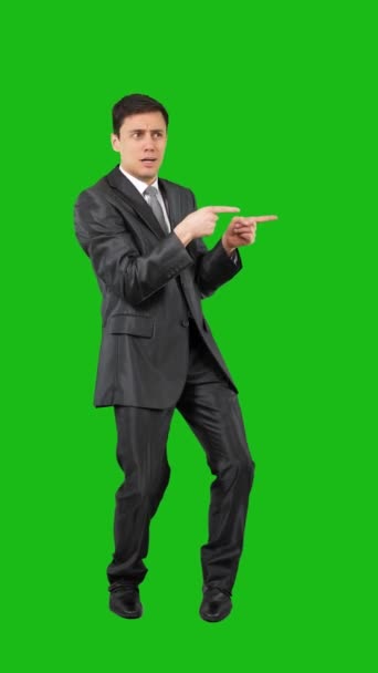 Full Body Speechless Man Formal Suit Pointing Aside While Looking — Stock Video