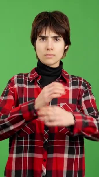 Upset Androgynous Person Looking Camera Angry Expression Arms Crossed Studio — Stock Video