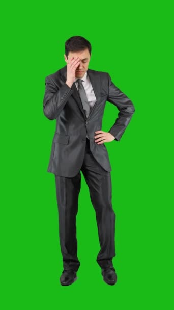 Full Body Exhausted Male Formal Suit Wiping Sweat Forehead Looking — Wideo stockowe