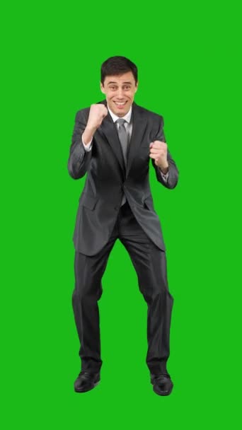 Full Body Delighted Male Formal Suit Looking Camera Clenched Fists — Stockvideo
