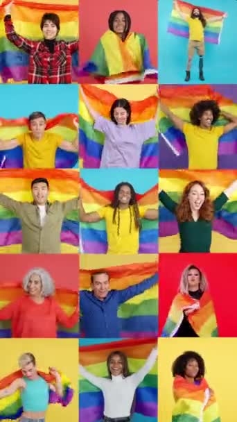 Slow Motion Video Mosaic Multiethnic People Waiving Wrapping Lgbt Rainbow — Stock Video