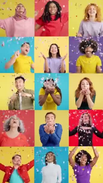 Filmik Mozaiką Szczęśliwych Ludzi Otoczoną Konfetti Powietrzu — Wideo stockowe
