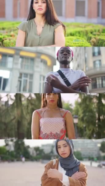 Video Rallentatore Mosaico Persone Multietniche Multigender Con Espressione Arrabbiata Strada — Video Stock