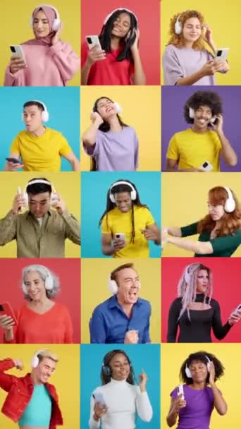 전화와 헤드폰을 사용하여 음악을 사람들의 모자이크 영상이 비디오 — 비디오