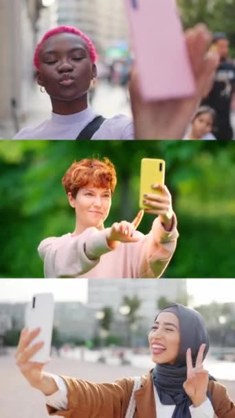 Slow Motion Video Mosaic People Taking Selfie Street — Stock Video