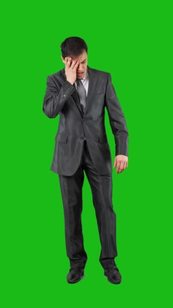 Full Body Male Pain Wearing Elegant Suit Suffering Headache Closed — Stockvideo