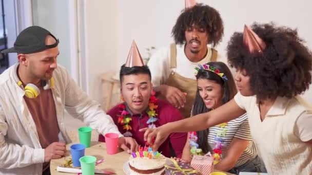 Slow Motion Video Group Multiethnic Friends Putting Candles Birthday Cake — Stock Video