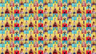 Çok kültürlü insanların kol ve yumruklarını kaldırmasını kutlayan sonsuz bir mozaiğin yavaş çekim videosu.