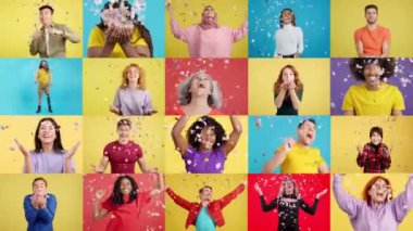 Havadaki konfetilerle çevrili mutlu insanların yavaş çekim videosu.