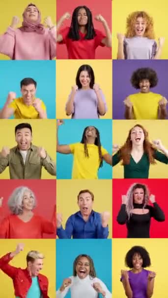 腕や拳を上げて祝う多文化の人々のモザイクのスローモーションビデオ — ストック動画
