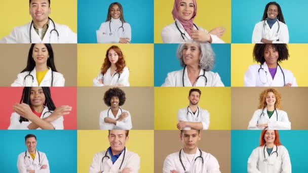 Slow Motion Video Mosaic Variety Smiling Doctors Uniform — Stock Video