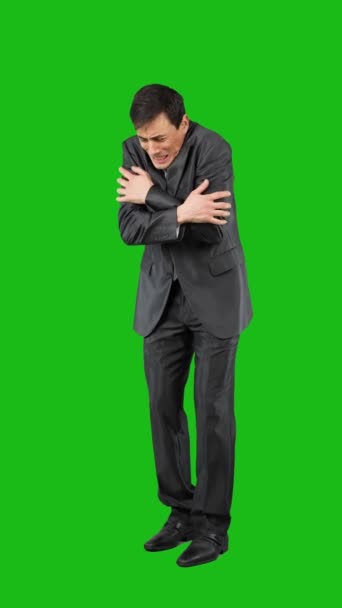 Full Body Male Suit Embracing Himself Feeling Cold Chroma Key — Stok Video