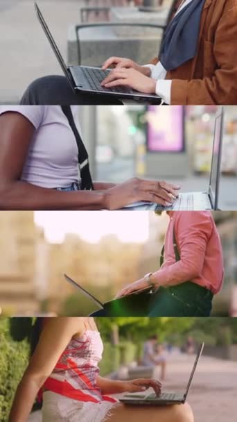 Långsam Rörelse Video Mosaik Människor Som Använder Laptop Gatan — Stockvideo