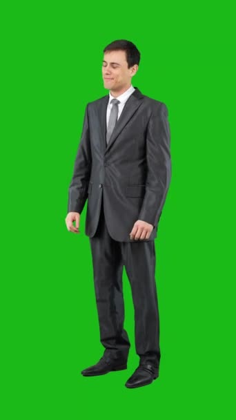 Full Length Positive Male Entrepreneur Formal Suit Showing Thumb Looking — Vídeos de Stock
