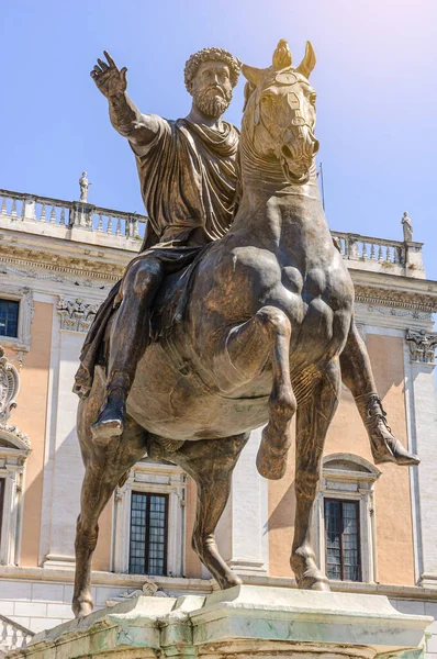 Equestrian statue of the Roman emperor Marcus Aurelius of the Antonine dynasty, in the Campidoglio square. Sacred Capitol Hill in Rome