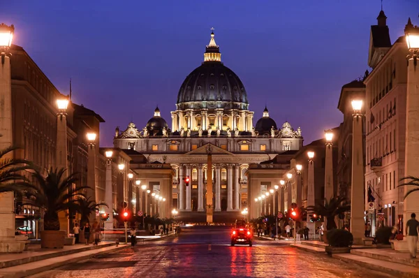 Basilique Saint Pierre Vatican Vue Nuit Depuis Della Conciliazione — Photo