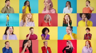 Mutlu insanların cep telefonuyla konuştuğu bir mozaiğin yavaş çekim videosu