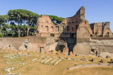 Domus Augusta Stadyumu 'nun Exedra manzarası. Palatine Tepesi. Antik Roma