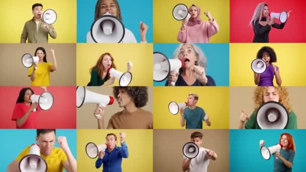 Zeitlupenvideo Eines Mosaiks Aufgebrachter Multiethnischer Menschen Die Über Einen Lautsprecher — Stockvideo