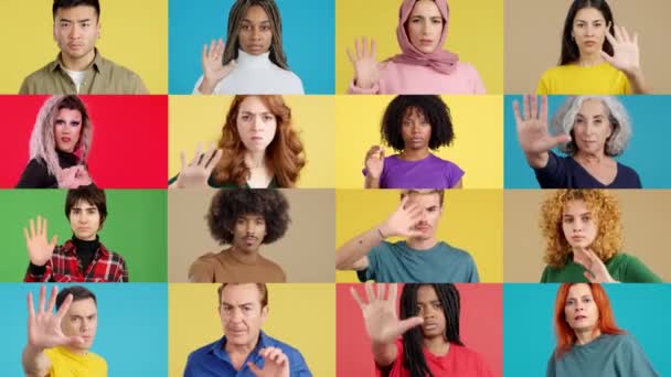 Lassú Mozgású Videó Többnemzetiségű Emberek Mozaikjáról Amint Kézmozdulattal Megállnak — Stock videók