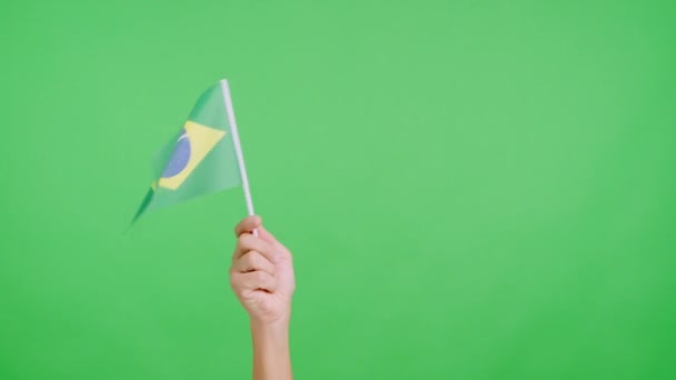 Медленное Видео Студии Хромой Руки Размахивающей Вымпелом Национального Флага Бразилии — стоковое видео