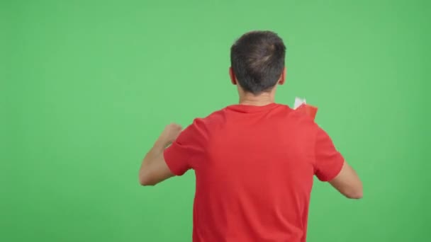 Video Estudio Con Croma Vista Trasera Hombre Ondeando Banderín Panameño — Vídeos de Stock