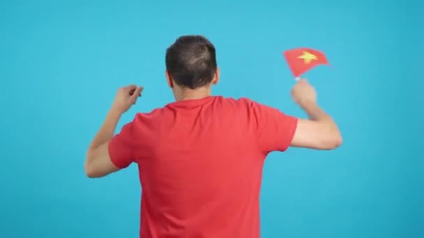 Video Studio Chroma Rear View Man Waving Vietnamese Pennant — Stock Video
