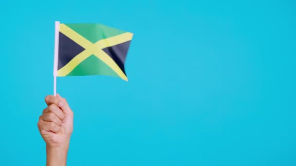 Wind Weht Mit Einem Jamaikanischen Wimpel Der Hand Zeitlupenvideo — Stockvideo