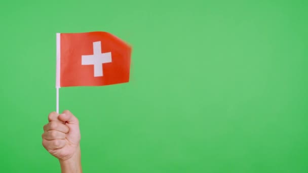 Vítr Mává Švýcarskou Vlajkou Kterou Drží Ruku Video Pomalý Pohyb — Stock video