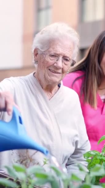 Видео Медсестры Пожилой Женщины Поливающей Растения Улице Доме Престарелых — стоковое видео