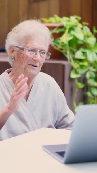 Büyükannemin Bilgisayar Kullanırken Dışarıdaki Bir Video Görüşmesinde Sallarken Videosu — Stok video