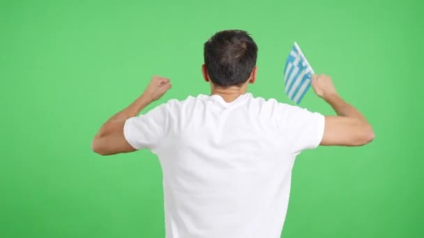 Video Estudio Con Croma Vista Trasera Hombre Ondeando Banderín Griego — Vídeos de Stock