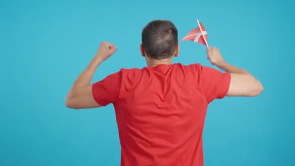 Video Estudio Con Croma Vista Trasera Hombre Ondeando Banderín Danés — Vídeos de Stock