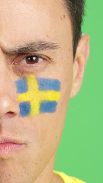 Video Studiu Chromou Zblízka Seriózního Muže Švédskou Vlajkou Namalovanou Obličeji — Stock video