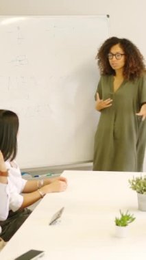 Toplantıda projeyi açıklarken beyaz tahta kullanan bir kadının yavaş çekim videosu.