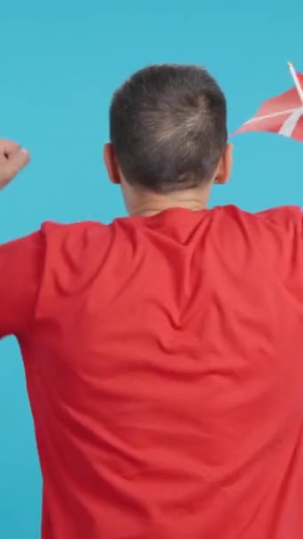 Video Studiu Barevným Zadním Pohledem Muže Mávajícího Dánskou Vlajkou — Stock video