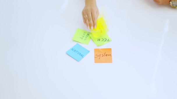 テーブルにアイデアを書くために粘着ノートを使用する人々のスローモーションクローズアップビデオ — ストック動画