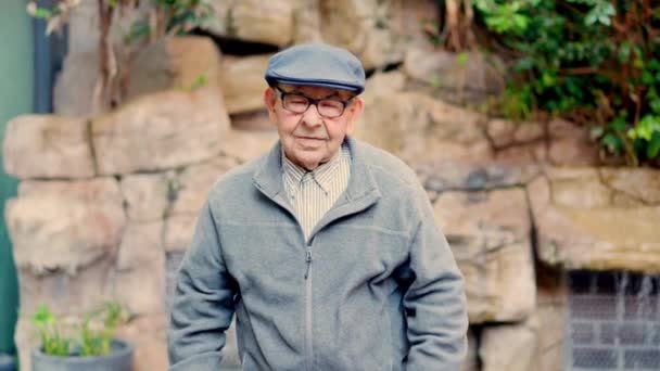 Videó Egy Büszke Öregemberről Aki Keresztezi Karját Kamerát Néz Szabadban — Stock videók