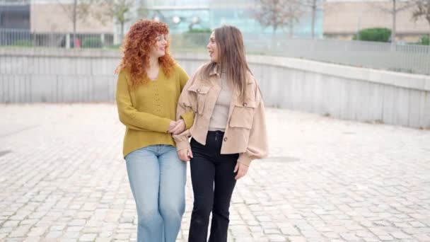 Långsam Rörelse Video Kvinnliga Vänner Promenader Avslappnad Tillsammans Och Prata — Stockvideo