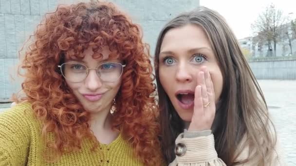 Video Two Female Friends Pulling Faces While Taking Funny Selfie — Stock Video
