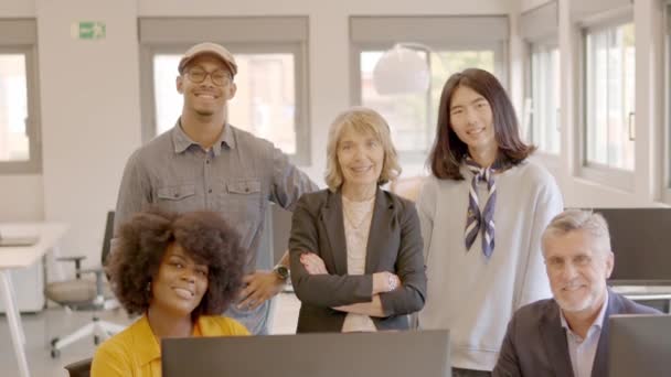 Slow Motion Video Van Een Multi Etnische Coworking Team Glimlachend — Stockvideo