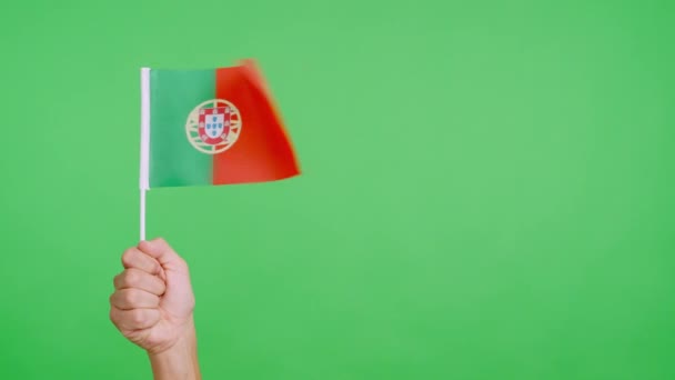 Ветер Размахивает Португальским Флагом Держа Руку Видео Slow Motion — стоковое видео